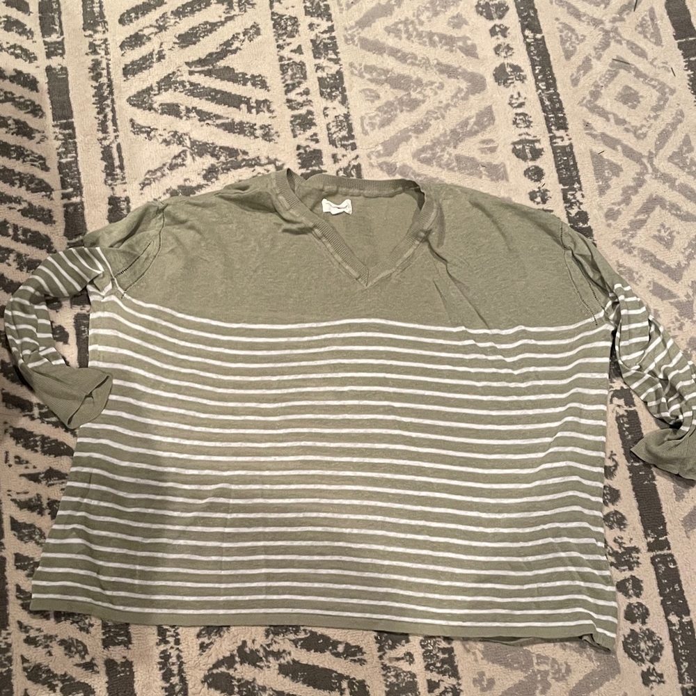 Green and White Striped V-Neck Sweater